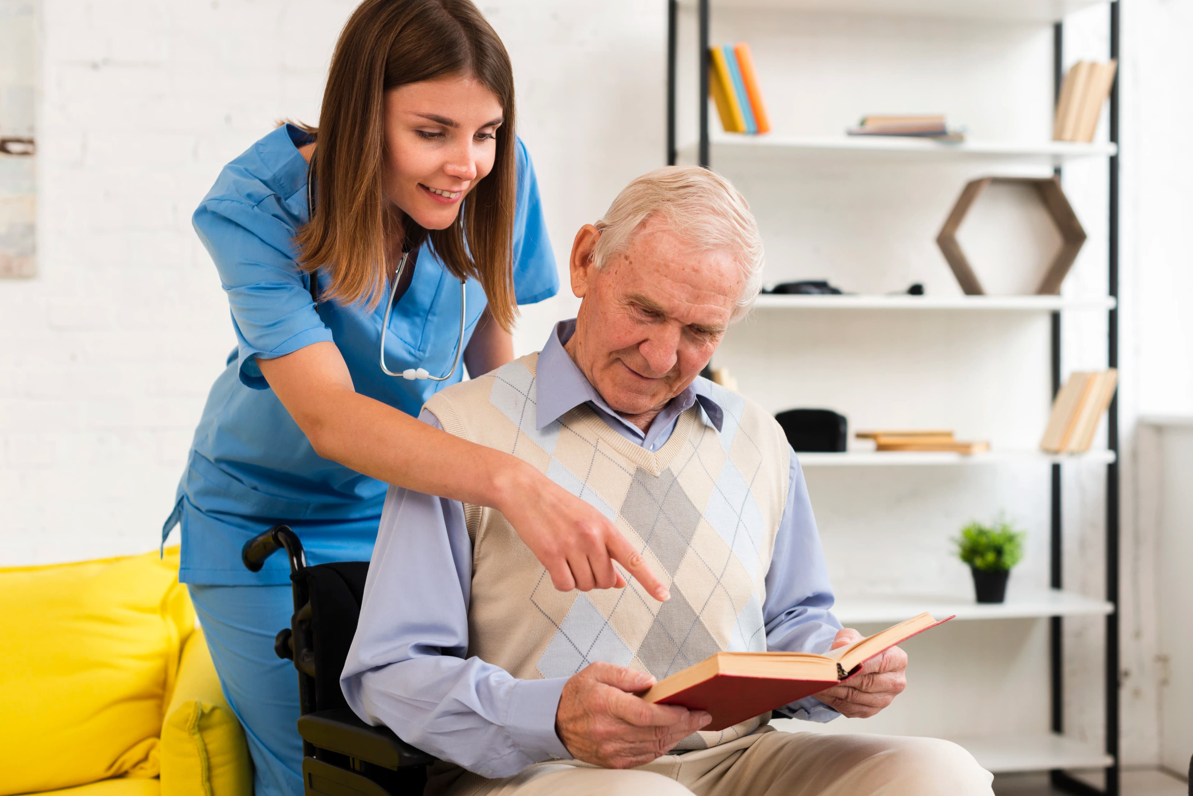 Caregiver providing calm companionship and cognitive support to senior