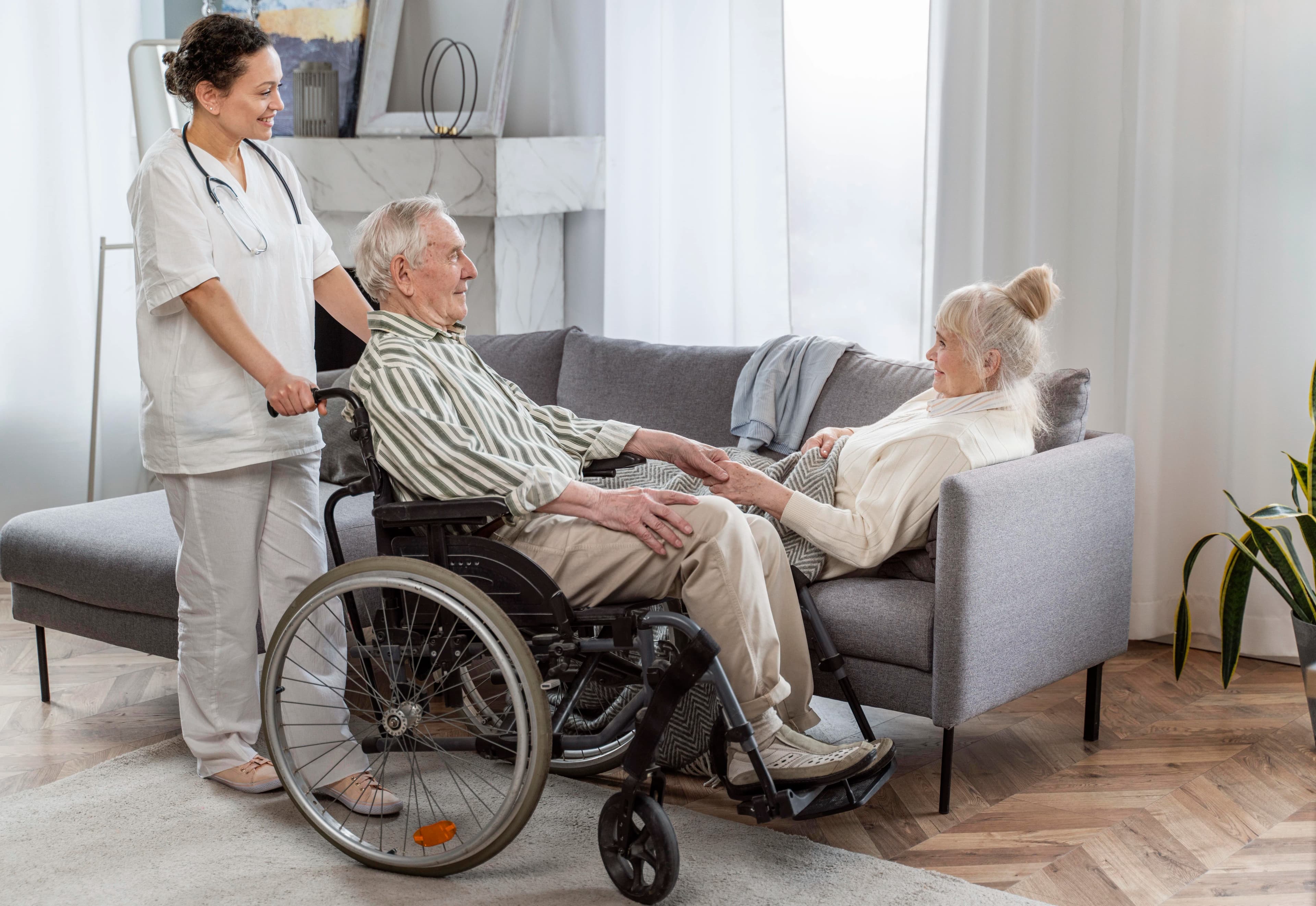 Companion caregiver and senior enjoying conversation